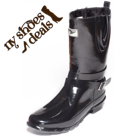 Women Rain Boots Black Faux Fur Rubber Rain Boots RB-2414 - Picture 1 of 4